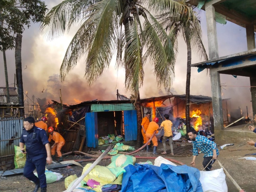 Fire and Emergency Services personnel trying to douse the fire in Naharbari on January 2.